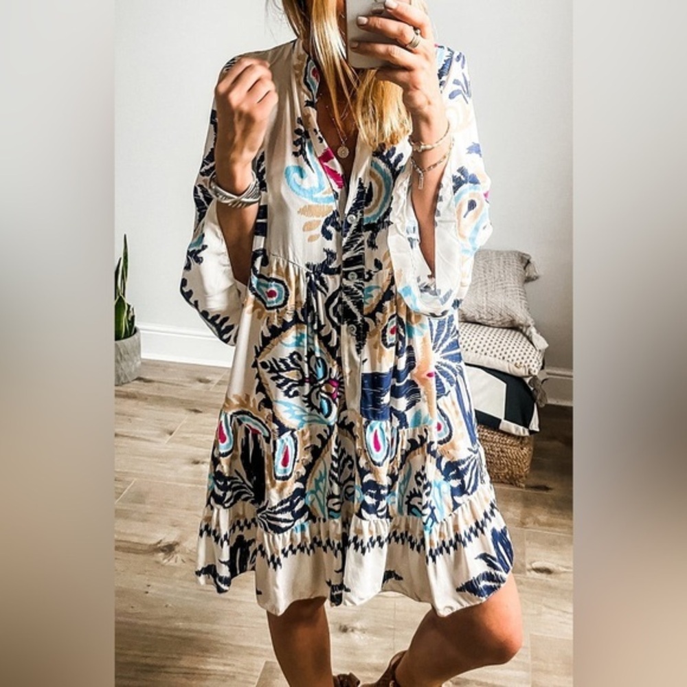 Blue boho Aztec tribal bubble sleeve button babydoll bohemian Dress NWOT